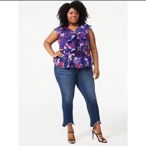 Sofia Vergara Top Womens XXL Blue Pink Floral Sleeveless Ruffle Blouse